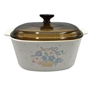 Vtg Corningware 3 qt Casserole Dish & Brown Lid White w/ Basket of Blue Flowers